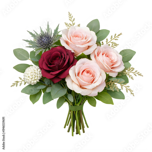 Elegant bouquet of roses and peonies wrapped in green paper ribbon