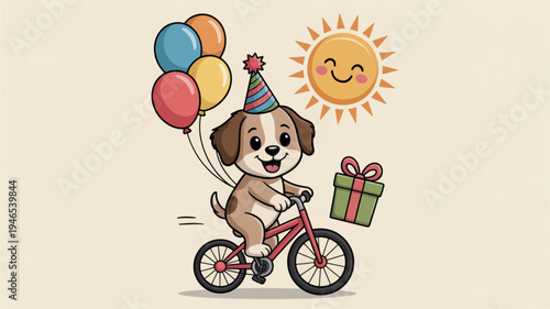 Cute brown puppy wearing party hat rides bicycle with colorful balloons and gift on sunny day