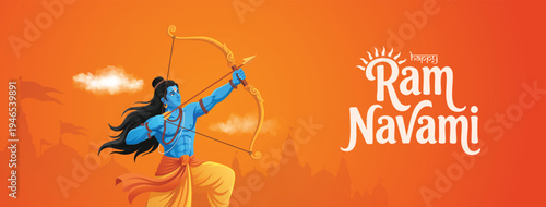 Happy Ram Navami Banner With Lord Rama Archer Illustration