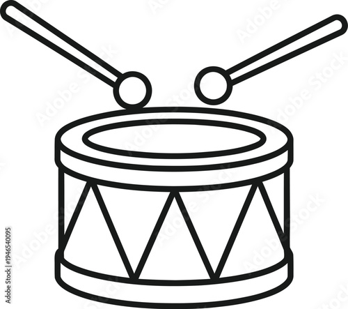 Simple line drawing of a drum with two drumsticks on top