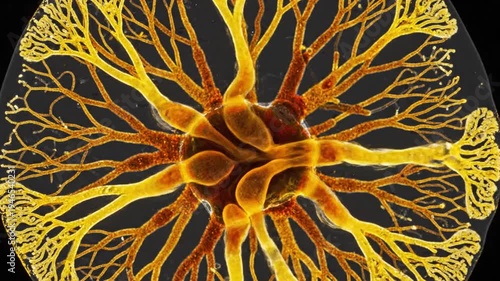 Abstract Microscopic Organic Structure, Yellow and Orange Branches on Black Background