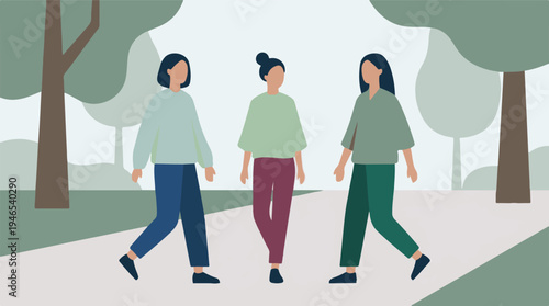 Three diverse women walking together outdoors in a minimalist park setting