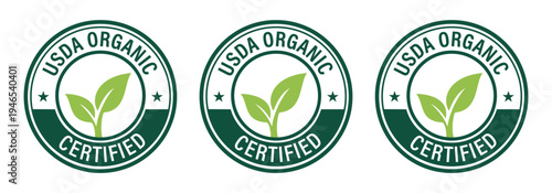 USDA Organic Certified Round Badge Set with Leaf Icons for Sustainable Farming Validation, Natural Food Products, and Environmentally Conscious Branding