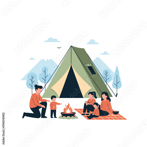 Family Camping Adventure: Parents and Kids Enjoying a Campfire with Tent and Mountains