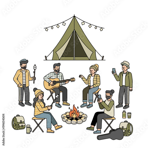 Friends camping, guitar music, campfire, and tent illustration