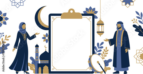 A vector graphic illustration of a Ramadan themed clipboard with a mosque, crescent moon, and lanterns
