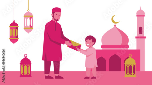 A vector graphic illustration of a Muslim father and son exchanging gifts in front of a mosque during Eid al-Fitr celebrations