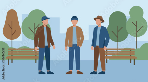 Three men standing in an urban park, flat design vector illustration