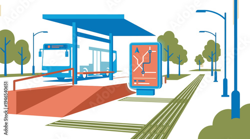 A vibrant city bus stop with a blue shelter and a digital sign on a sidewalk