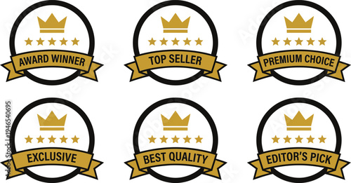 A collection of premium vector badges with crowns and stars for award winners and top sellers