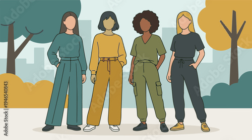 Four diverse women in casual outfits standing together in a city park