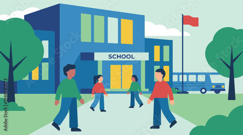 Children walking to school building with bus and flag, illustration