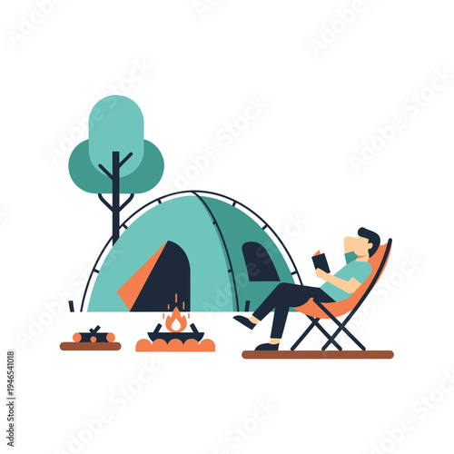 Man Relaxing in Camping Chair Reading Book by Tent and Campfire