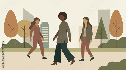 Diverse women walking and strolling in a modern urban park setting
