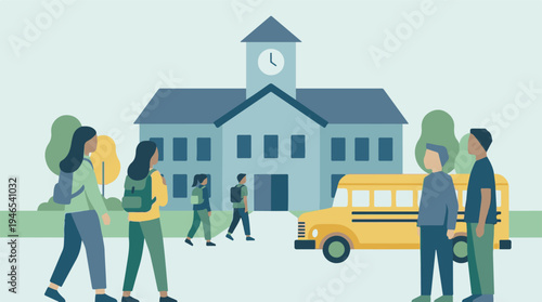 Students with backpacks walking near school building and yellow school bus