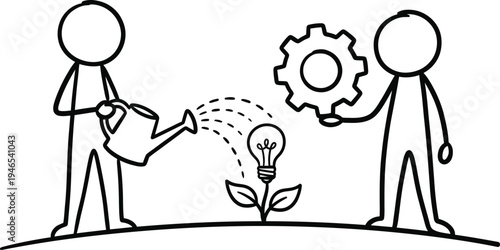 A minimalist vector illustration of two people nurturing a growing lightbulb idea with a gear