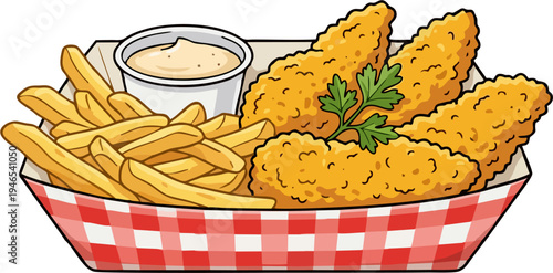 Crispy Chicken Tenders with French Fries and Dipping Sauce in Red Checkered Paper Basket – Cartoon Fast Food Vector