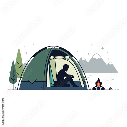 Man Sitting Inside Tent at Campsite with Campfire and Mountains
