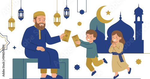 A Muslim father giving money to his excited children on a festive occasion with mosque and lanterns in the background