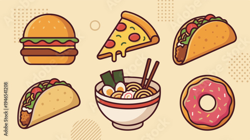 Minimalist vector illustration of various fast food and popular meals
