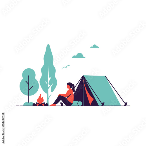 Woman relaxing by campfire next to tent in nature, flat design illustration