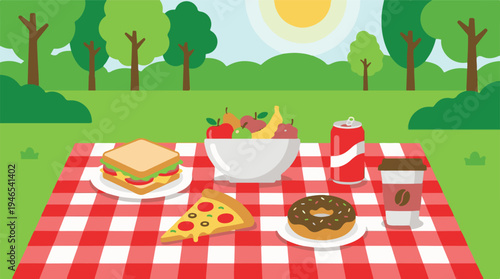 Summer Picnic Flat Design Illustration with Assorted Food and Beverages