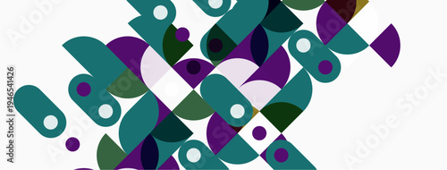 Abstract geometric pattern. Circles, ovals, squares overlap creating colorful composition. Modern design, simple shapes, flat aesthetic.