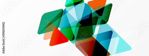 Abstract geometric shapes overlap, creating vibrant color blends. Triangles, squares, rectangles form dynamic composition. Modern design element.