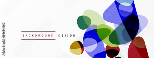 Abstract colorful shapes overlap white space. Modern design elements create dynamic visual texture. Simple, clean aesthetic.