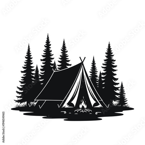 Camping tent with campfire in pine forest silhouette