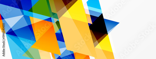 Abstract geometric shapes overlap, creating vibrant colorful composition. Bright hues dominate design, offering modern aesthetic.