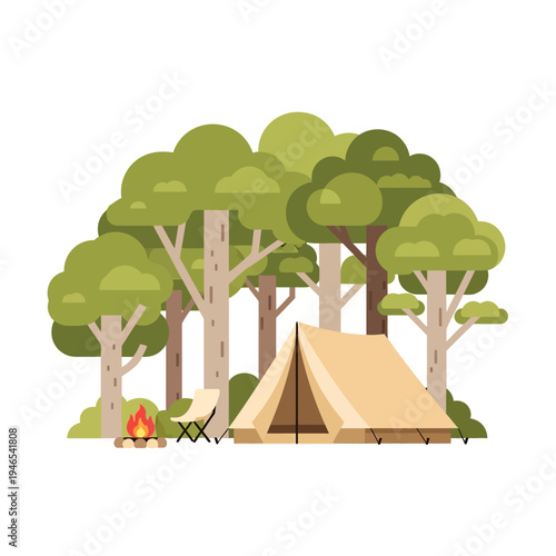Cozy Campsite in Forest: Tent, Campfire, Chair, Nature, Outdoor Adventure