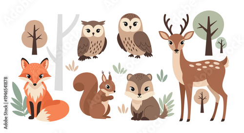 Cute Woodland Forest Animals Collection Owl Deer Squirrel Vector Set