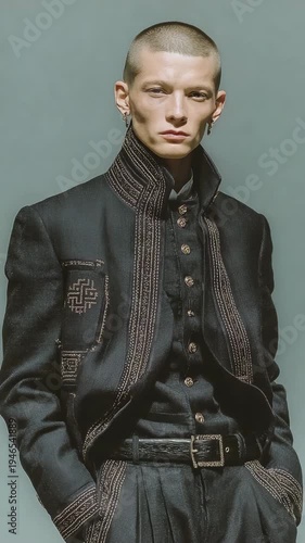 Fashion model showcases dark clothing with unique design details in a studio setting during a photoshoot