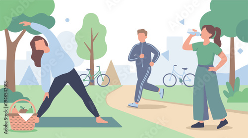 Active people jogging, stretching, and hydrating in a park setting