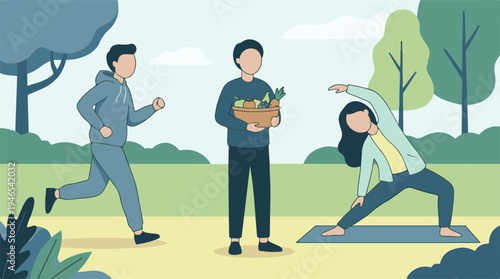 Healthy lifestyle concept with people exercising, eating well, and practicing yoga outdoors