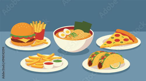Variety of popular fast food and casual dishes flat vector illustration
