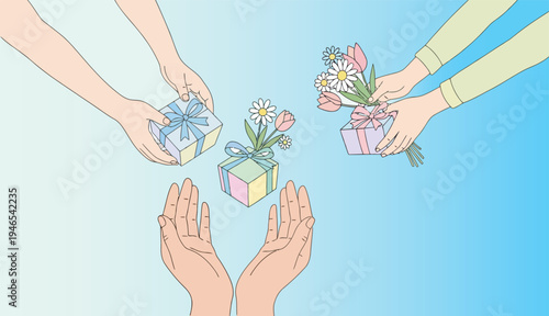 Giving and receiving gifts flowers, hands sharing presents, celebration and generosity