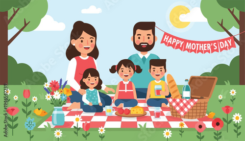 Family enjoying picnic on checkered blanket with happy mothers day banner vector