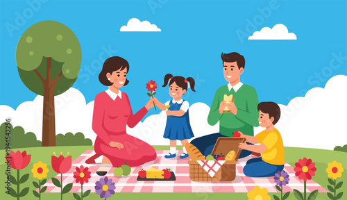 Happy family having picnic in park with daughter giving flower to mother vector