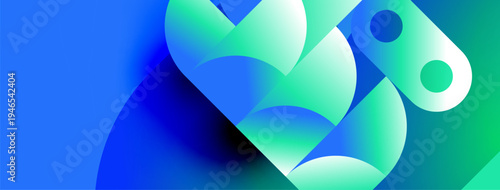 Abstract shapes blend blues, greens. Fluid forms create dynamic composition. Gradient colors suggest depth, movement. Modern design element.