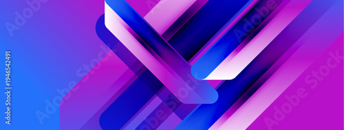 Abstract geometric design. Vivid blue, purple gradients create dynamic layered shapes. Modern, sleek visual composition.