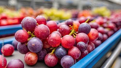 Freshly harvested grapes on conveyor belt with vibrant colors in a fruit processing facility