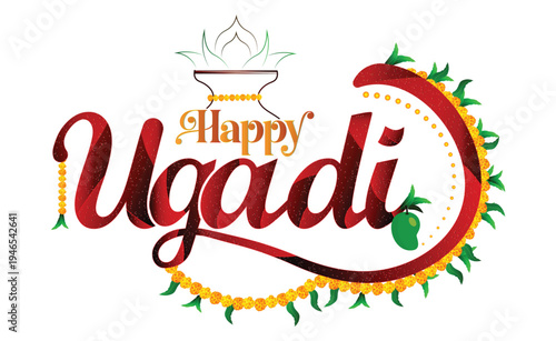Happy Ugadi Festival Typography with Mango Leaves and Kalash Decoration, Traditional South Indian New Year Greeting Vector Illustration