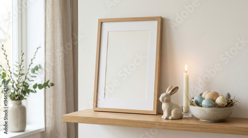 Blank framed print mockup on wooden shelf with decorative rabbit figurine, candle, and bowl of colored eggs, surrounded by greenery and natural light