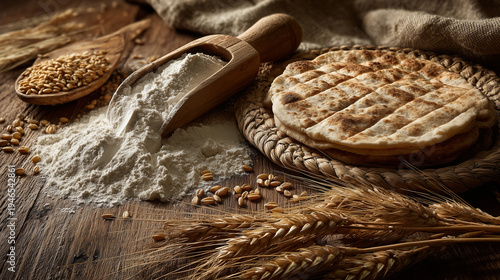 Homemade round flatbread with flour and wheat grains on rustic table