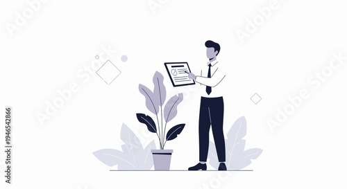 Business man checking document near potted plant, flat illustration