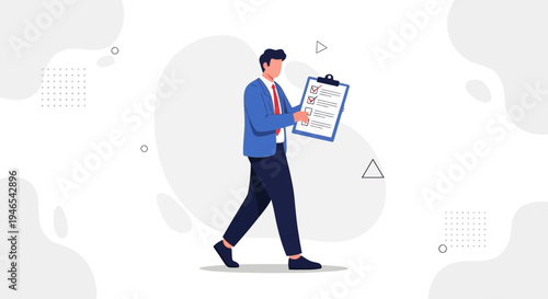 Man in Suit Walking with Checklist Clipboard, Business Task Management Concept