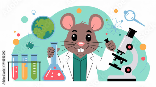 Cute laboratory mouse in white coat conducts science experiment with test tubes and microscope