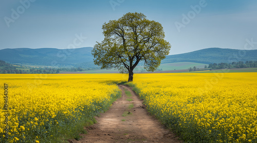 Single tree standing in yellow rapeseed field with rural dirt road